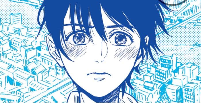 Taglio della copertina del primo volume di Shimanami tasogare, con un primissimo piano del protagonista.